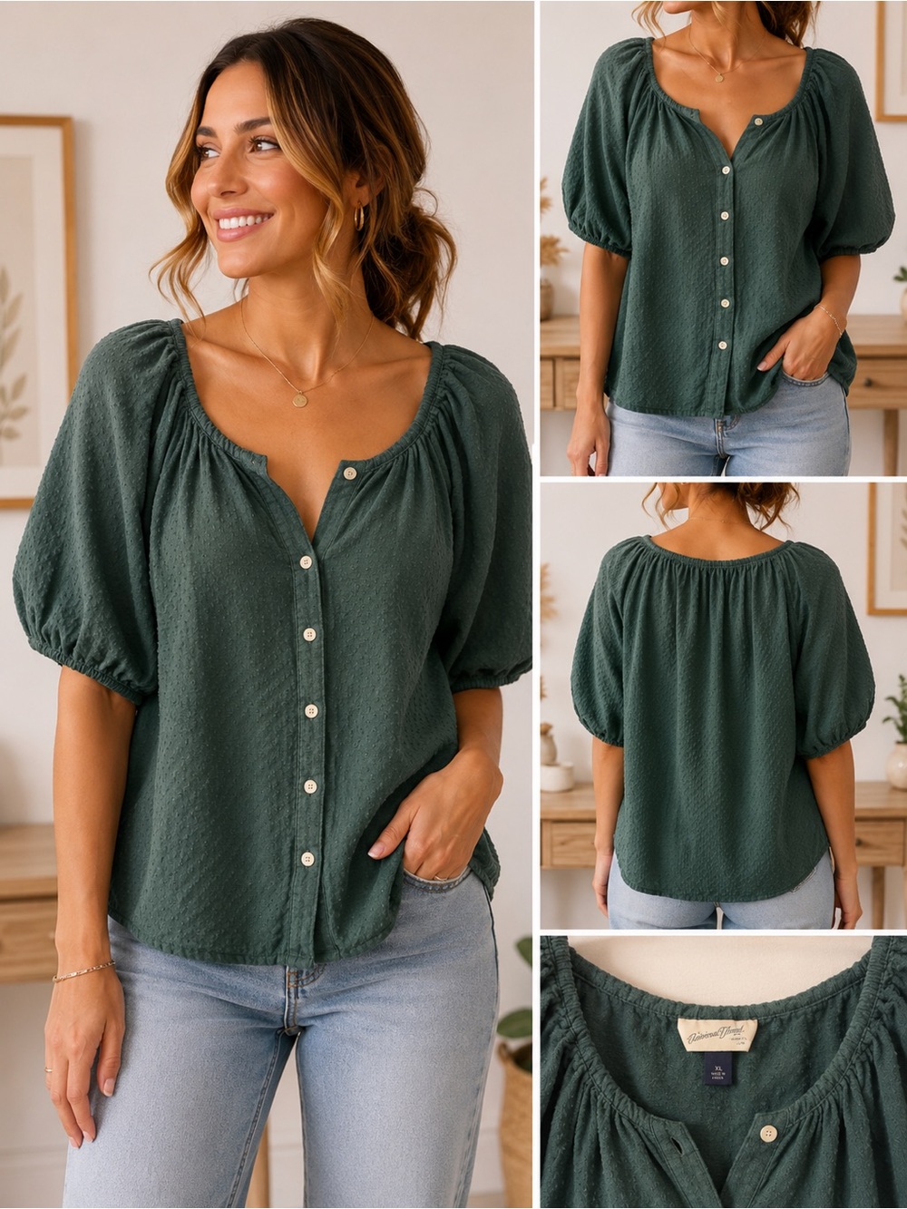 Universal Thread Dark Green Button-Front Puff Sleeve Blouse